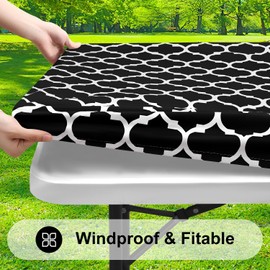 Smiry Rectangle Picnic Table Cover, Waterproof Elastic Fitted Camping Tablecloths for 4 Foot Tables, Wipeable Flannel Backed Vinyl Tablecloth Protector for Indoor, Outdoor (Black, 24x48 Inches)