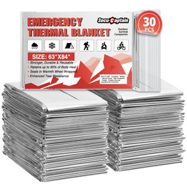 SecuCaptain Survival Emergency Thermal Blankets: 30 Pack Extra Large 84” x63” Space Mylar Blanket Kit for Outdoor Cold Winter Camping Hiking Car Bug Out Bag or First Aid