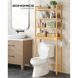 SONGMICS Over The Toilet Storage, 4-Tier Over Toilet Bathroom Organizer with Adjustable Shelves, 10.2 x 24.8 x 72.8 Inches, Space-Saving, Natural Beige UBTS041N01