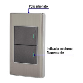 Volteck PA-APDO15-LA, Placa armada 2 interruptores sencillos color acero línea Lisboa