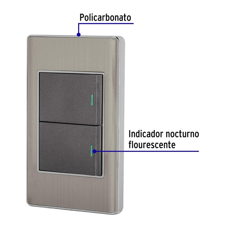 Volteck PA-APDO15-LA, Placa armada 2 interruptores sencillos color acero línea