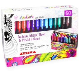 Zebra Doodler'z 1.0mm Fashion Glitter Neon Pastel Gel Pens Gift Box of 60 Pens