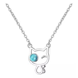 KH Collar Gato Gatito Ojo De Piedra Azul Plata 925 Dije Cadena