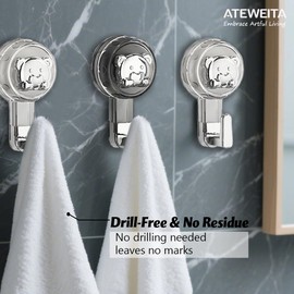 ATEWEITA Towel Hooks, No Drilling, Extra Strong Suction Cup Hook, 62 mm Reusable Bathroom Suction Towel Hooks for Bathroom, Kitchen, Camping & Car (Clear Silver (Bears & Hooks), 2)