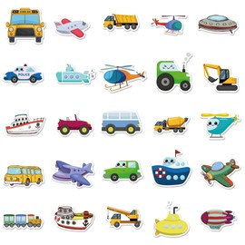 [Set of 50] Cute Vehicle Sticker Set for Airplanes, Buses, Boats, Etc., Illustration Stickers, For Kids, Waterproof Type