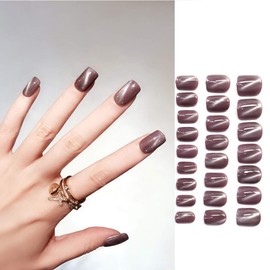 Sethexy Glitter Cat Eye False Nails Art Tips Shine Full Cover Art Design 24Pcs UV Fake Nails for Women and Girls (RosyBrown)