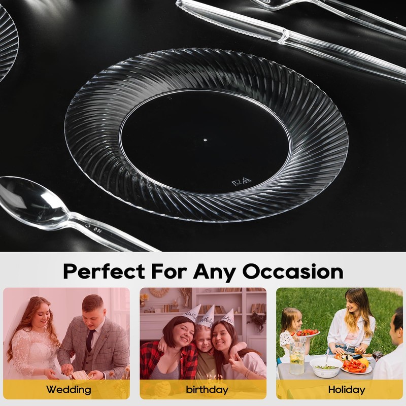 FOCUSLINE 10 Inch Clear Plastic Plates, 100 Count Disposable Heavy
