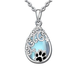 Pet Memorial Necklace, Silver Teardrop Pendant with Paw Print and Moon Stone, Cat or Dog Lovers' Gift