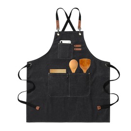 HIUOUIH Men's Kitchen Apron 76 x 68 cm Cooking Apron Men and Women Barbecue Apron with Adjustable Strap and 3 Pockets Work Aprons for Cooking, Baking, Kitchen, Restaurant, black