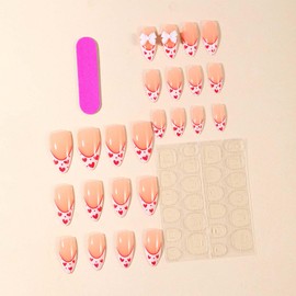 Medium Almond Press on Nails Valentine’s Day Fake Nails Heart with Bow Design French Tip False Nails Acrylic Nails Full Cover Artificial Nails Glossy Glue on Nails Stick on Nails for Women 24Pcs
