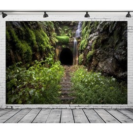CORFOTO 7x5ft Fabric Forest Hidden Tunnel Backdrop Dark Lava Tube Tunnel Jungle Photography Background Adventure Party Decorations Photo Banner Props