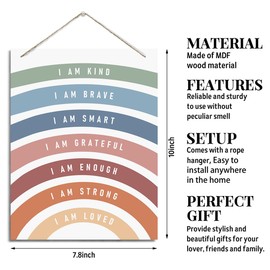 Affirmation Wood Sign, Mental Sign, Rustic Hanging Wood Plaque Sign, Rainbow Decor, Nursery Wall Art, Classroom Decor, Inspirational Gift, I am Kind Brave Smart Grateful Enough Strong Loved Sign