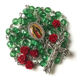 Our Lady of Guadalupe Emerald Green Crystal Cut Acrylic and Red Rose Rosary Beads Catholic for Women