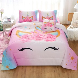 JQinHome Unicorn Queen Bedding Sets for Girls Kids,6 Piece Bed in A Bag 3D Colorful Flower Girl Unicorn Comforter Set(1 Comforter,2 Pillowcases,1 Flat Sheet,1 Fitted Sheet,1 Cushion Cover)