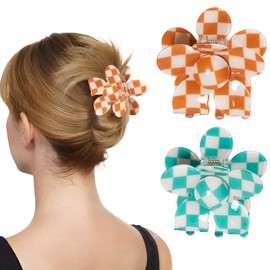 Sunolga 2PCS 80s Vintage Checkered Flower Hair Clips for Women Retro Banana Clip for Hair Claw Clips for Thick Hair Straight Wavy Curly Small Non-Slip Y2K Hair Claws Accessories