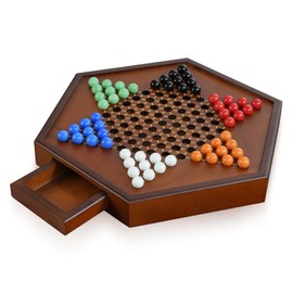 Chinese Checkers 15" x 13" Large Wooden Checkers Board Game Includes 16mm 60+12 Colorful Glass Marbles,Classic Strategy Family Board Game for Kids and Adults,Walnut