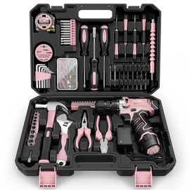 Sundpey Home Tool Kit with Drill - 206PCs Pink Tool Kit with 12V Cordless Power Drill for Household Repair - Portable Basic Pink Tool Box for Women with DIY Hand Tool Set(Screwdrivers & Pliers)