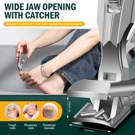 FVION Angled Head Toe Nail Clippers for Thick Nails - Ergonomic Long Handle Toenail Clippers for Seniors with Safety Lock, Stainless Steel Finger Nail Clippers with Catcher for Men and Women (Silver)