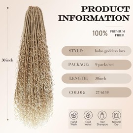 Boho Goddess Locs Crochet Hair - 9 Packs Boho Soft Locs 30 inch, Ombre Boho Faux Locs Crochet with Curly Ends, River Hair with Curls for Black Women(30Inch, 27/613#)