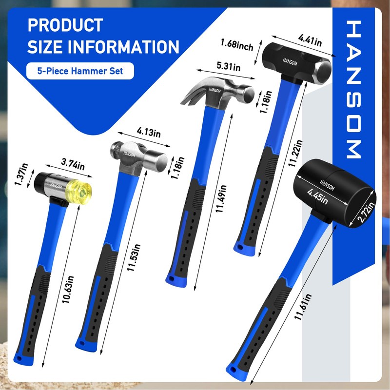 HANSOM 5-Pack Hammer Set,Rubber Mallet 32oz, Double-Faced Mallet 22oz,16oz Claw