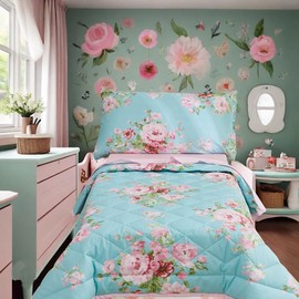 Brandream Toddler Bedding Sets for Girls Cotton Bed in A Bag Garden Floral Comforter Set Pink Grid Toddler Children Sheet Set, 4 Pieces