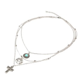 LRGKMCWTOB 3PCS Cross Turquoise Map Three Silver Necklaces Cross Necklace for Men Silver Stainless Steel Plain Cross Pendant Necklace Boho Turquoise Necklace Choker Blue Gemstone Pendant Necklace, Zinc, No Gemstone