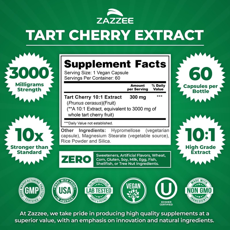 Zazzee Tart Cherry 10:1 Extract, 60 Vegan Capsules, 2 Month