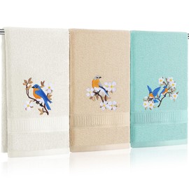 Tingjoo Bird Floral Hand Towels Farmhouse White Light Brown Turquoise Bird Bathroom Decor 14x29 Inch Embroidered Decorative Cute Spring Summer Cotton Soft Absorbent Hand Towels for Bathroom Kitchen