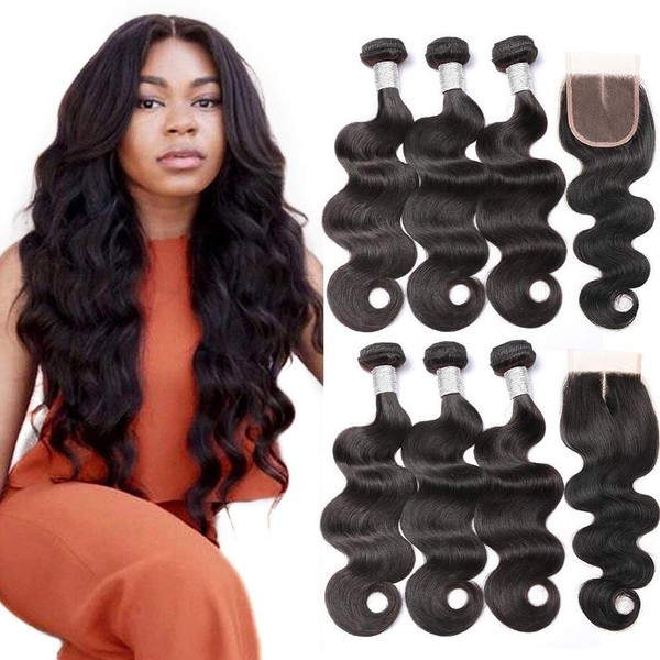 Beauty Princess Brazilian Body Wave with Closure 9A Unprocessed Brazilian Virgin Hair 3 Bundles with Middle Part Closure Natural Black Human Hair Bundles With Closure(22 24 26 with 20inch)