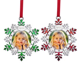 Christmas Photo Ornament Snowflake Photo Frame Hanging Christmas Ornament - Set of 2 Snowflake Picture Ornament for Christmas Tree - Red and Green Snowflake Picture Frame Ornament for Xmas