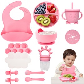 Platos para Bebé, 12Piezas Set de Vajillas Silicona de Alimentación Complementaria con Ventosas, Baberos Ajustable, Taza Aprendizaje, Sin BPA, Fácil de Limpiar, Regalo para Bebés 6Meses+ (Rosa)