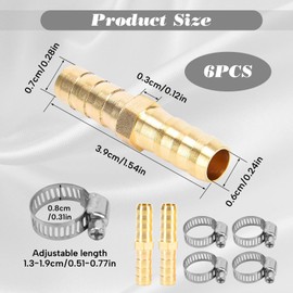 Brass Hose Connector 8 mm 2 Pieces with 4 Pieces Stainless Steel Hose Connector 1/2 Inch Pipe Clamps for Water/Fuel/Air, Stable Connection for Various Liquids