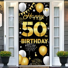 HTDZZI Happy 50th Birthday Decorations for Men & Women – Black Gold 50th Birthday Banner Backdrop, Fabric Yard Sign, Photo Props for Indoor Outdoor Party