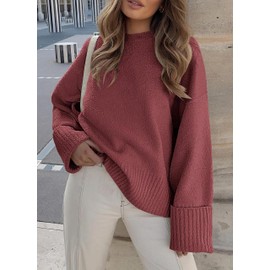 Jhsnjnr Womens Crewneck Chunky Sweater Casual Baggy Long Sleeve Pullover Knitwear Oversized Fuzzy Knit Jumpers Fuchsia