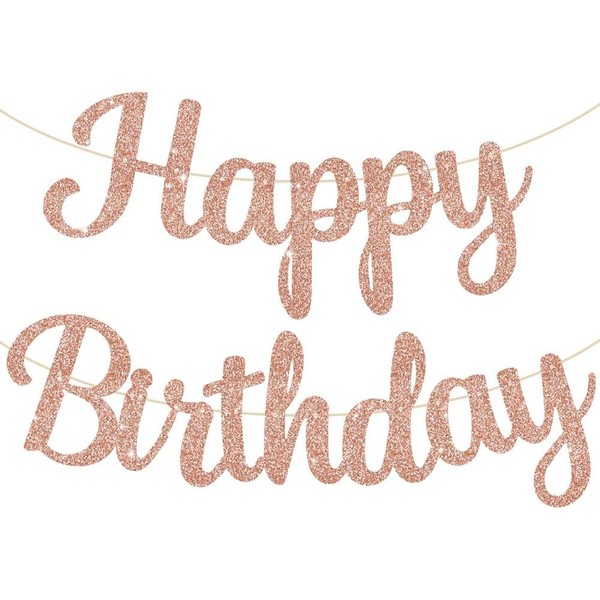 TONIFUL Rose Gold Happy Birthday Banner - NO DIY,Pre-Strung-Glitter Birthday