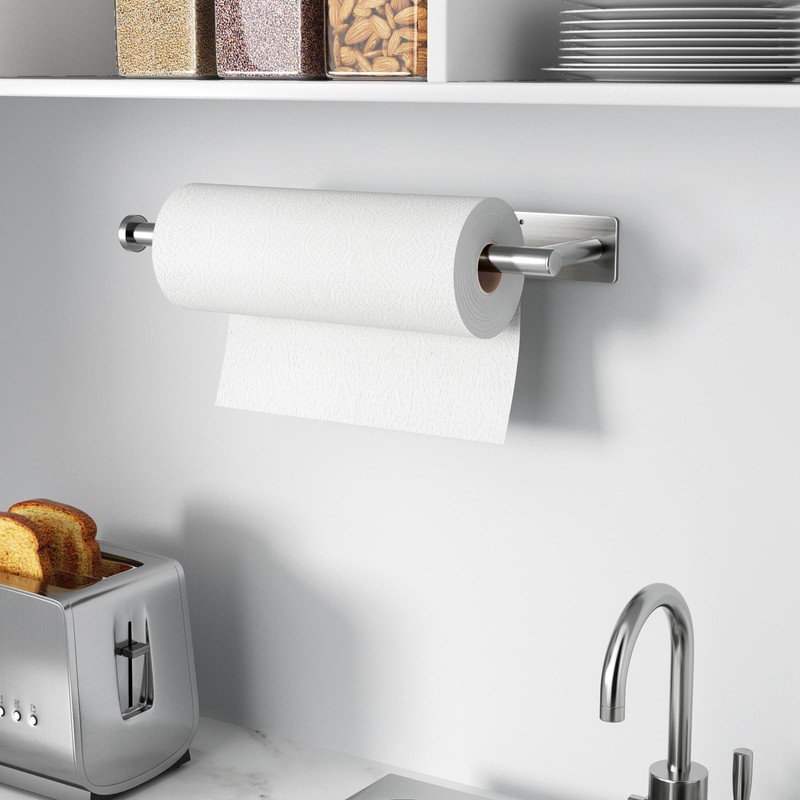 Paper Towel Holder - Self-Adhesive or Drilling, Brushed Nickel, Wall