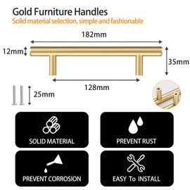 SSYR&P Pack of 4 furniture handles, solid aluminium, hole spacing of 128 mm, total length of 182 mm, including screws. for kitchen handles, cabinet handles, drawer handles and wardrobe handles, gold