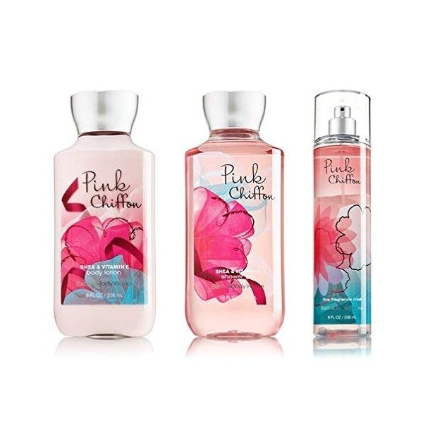 Bath & Body Works Pink Chiffon Set - Shower Gel 10oz, Fragrance Mist 8oz & Body Lotion 8oz