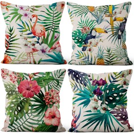 Aoihrraan Tropical Cushion Covers Pack of 4, 16x16 Inch Summer Hawaiian Flamingo Palm Leaves Throw Pillow Covers Square Pillow Case, Linen Throw Pillowcases With Invisible Zipper for Sofa Car Bedroom