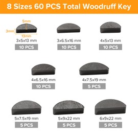 Lyeteung 60 PCS 8 Sizes 3-4-5-6 mm Woodruff Key Assortment Kit, Carbon Steel Woodruff-Key, Feather Key Assortment, Flywheel Pulley Crank Way Key Assortment Kit, for Fasteners Mechanical Industry