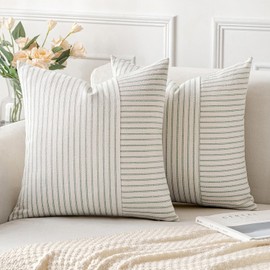 MIULEE Sage Green and Beige Patchwork Farmhouse Pillow Covers 18x18 Inch, Pack of 2 Striped Linen Spring Decorative Modern Accent Pillow Cases for Sofa Couch Bedroom