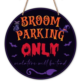 Broom Parking Sign for Front Door Hanging, Witch Wooden Signs Hanging Outdoor Wall Decor, Home Window Farmhouse Party Decoration & Supplies-06