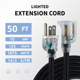 GREATIDE 50 Ft 14/3 Lighted Outdoor Extension Cord - 14 Gauge SJTW Heavy Duty Black Extension Cable with 3 Prong Grounded Plug, Great for Lawn, Garden, Appliances