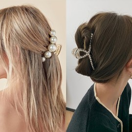 DEEKA 5 Pcs Large Pearl Hair Claw Clips White Black Thick Long Jaw Clips Barrettes Hair Accessories for Women and Girls