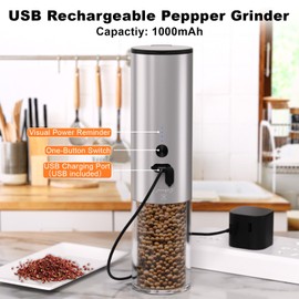 COKUNST Newly Upgraded Electric Salt or Pepper Grinder, USB Rechargeable Pepper Grinder with 6.26Oz Lagre Capactiy Visual Silo & Suction Dust Cover, Automatic Pepper Grinder Mill Pepper Shaker