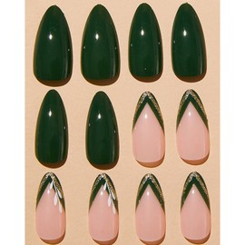 Green Press on Nails Medium Almond Fake Nails French Tip False Nails with Design Gold Line Glue on Nails Full Cover Glossy Acrylic Stick on Nails Green Artificial Nails for Women Girls Manicure 24Pcs
