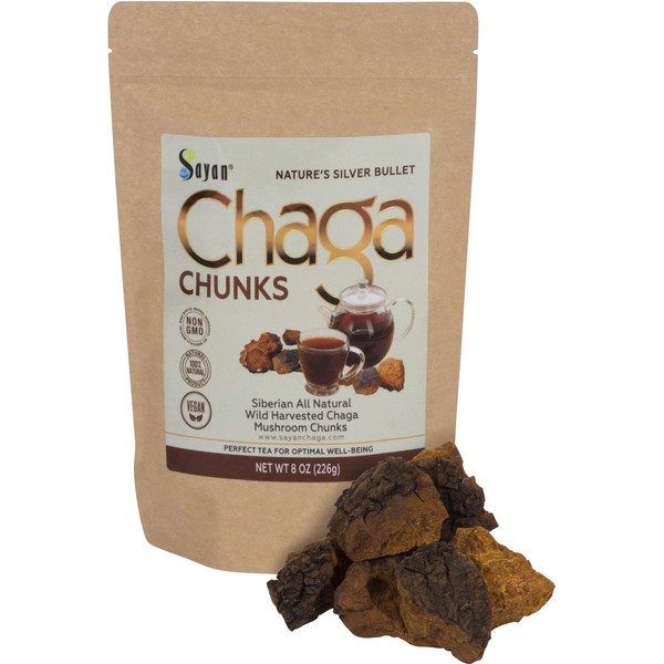 Sayan Siberian Pure Raw Chaga Mushroom Chunks with Black Top Crust 8 Oz / 227 g – Premium Wild Forest Harvested Super Antioxidant Tea, Supports Immune System and Digestive Health
