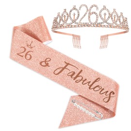 SZHUIHER 26th Birthday Sash and Tiara, Rose Gold Birthday Sash, Crown 26 & Fabulous Sash and Tiara for Girls, 26th Birthday Gifts for Happy 26th Birthday Party
