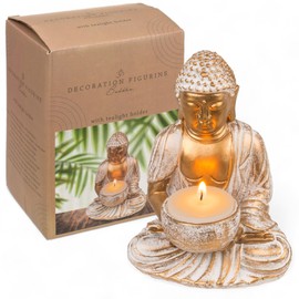 MIJOMA Gold & White Vintage Look Polyresin Buddha Figurine 14-34 cm Height Optional with Tea Light Holder - Spiritual Peace and Elegance (10 x 8.5 x 14 cm with Tea Light Holder)
