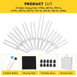 Solfeggio Tuning Forks for Healing Set, 10 Premium Aluminum Alloy Vibrational Forks, Silver Tuning Forks with 2 Rubber Mallets+10 Bases, Complete Sound Healing Instruments Kit for Yoga Sound Healer